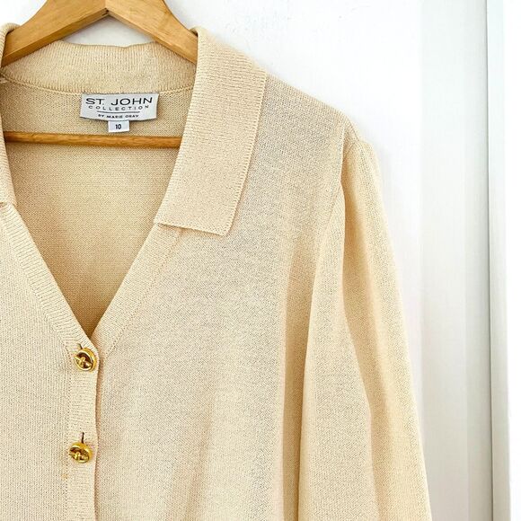 St John Collection Marie Gray Sz 10 Collared Striped Cardigan V-Neck Gold Button - Picture 2 of 13